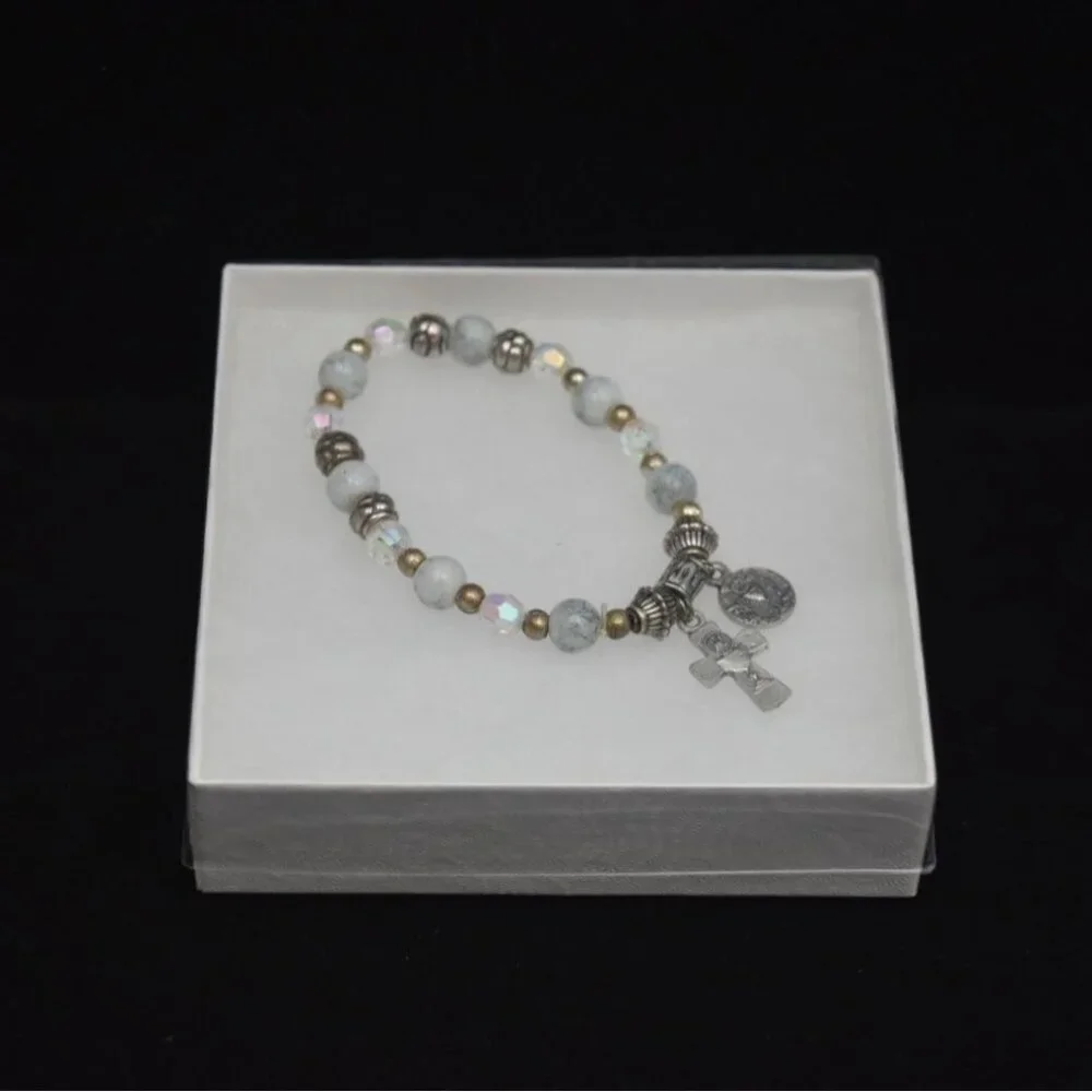 Religious First Communion Bracelet Silver Tone Chalice Cross Charm Glass Beads